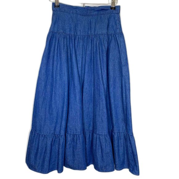 VTG Womens Denim Tiered Prairie Skirt Corset Yoke Western Cowgirl Cottagecore - Picture 2 of 13